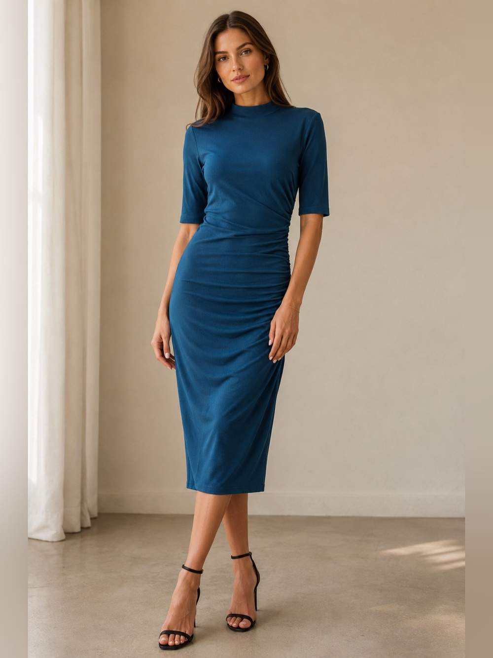 Elegant Teal Midi Dress with Mock Neck